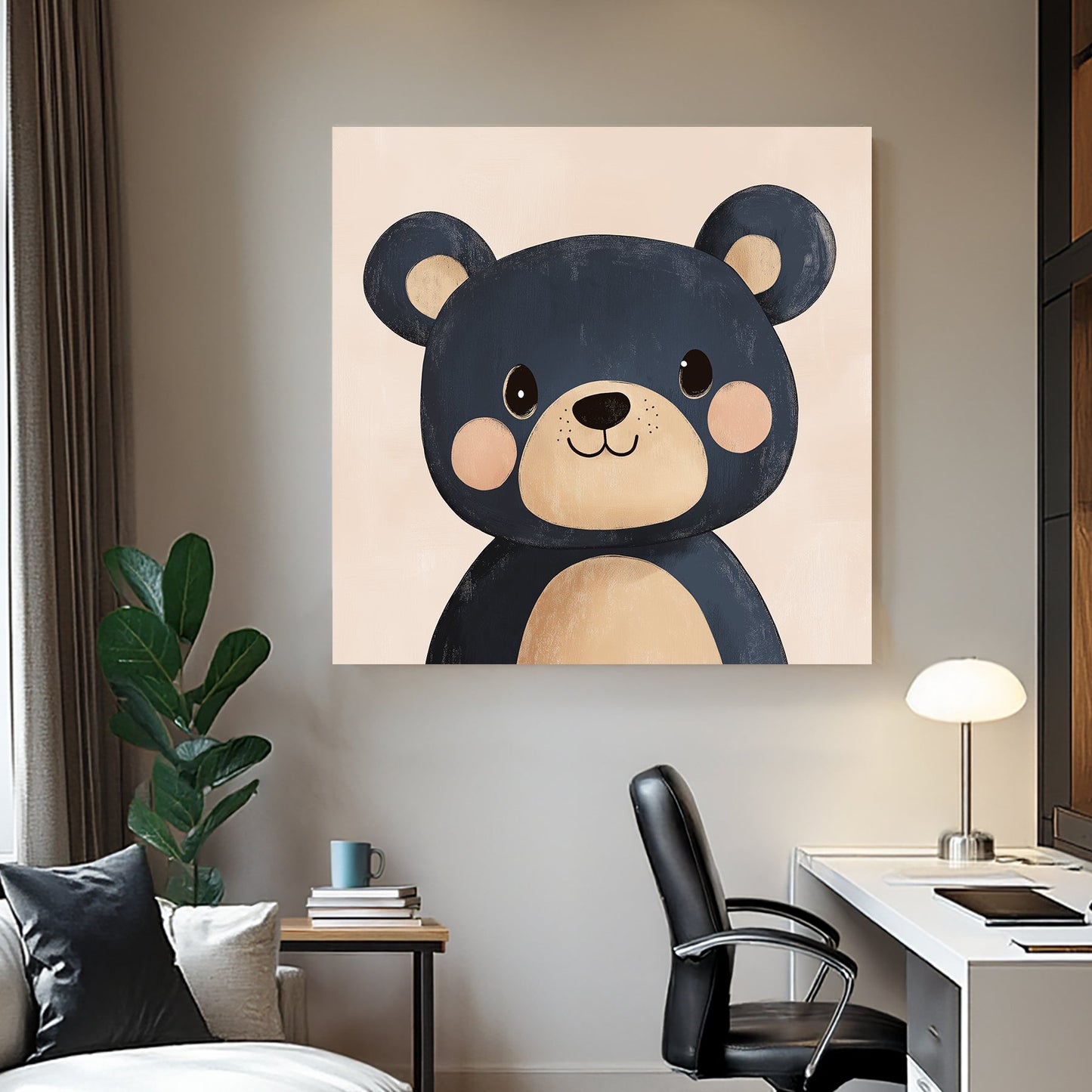 cute navy blue cartoon bear wall art with blush cheeks on a soft peach background