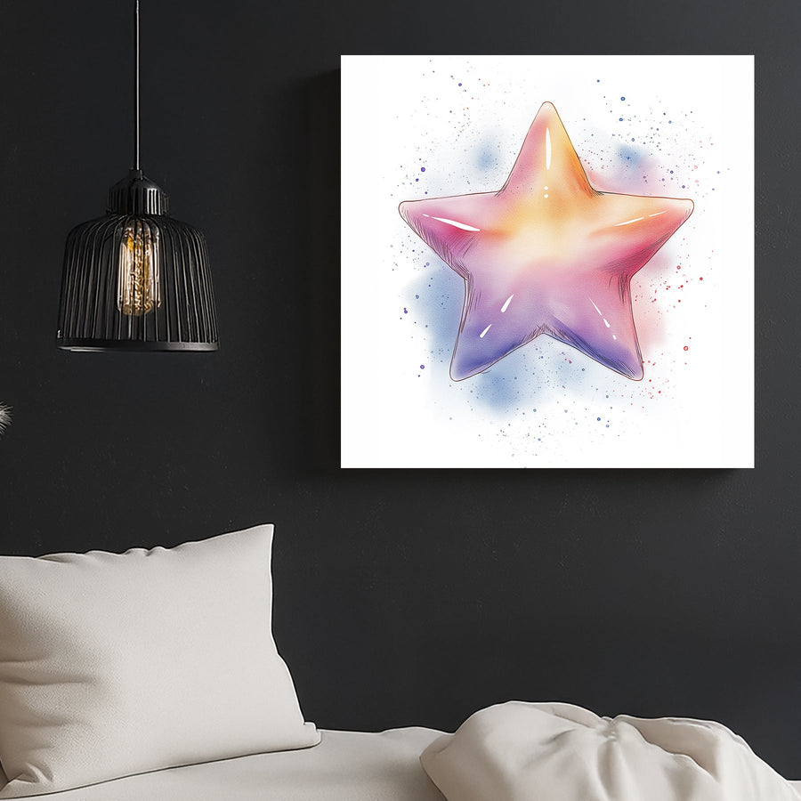whimsical star illustration wall art in pastel rainbow tones with soft splatter accents