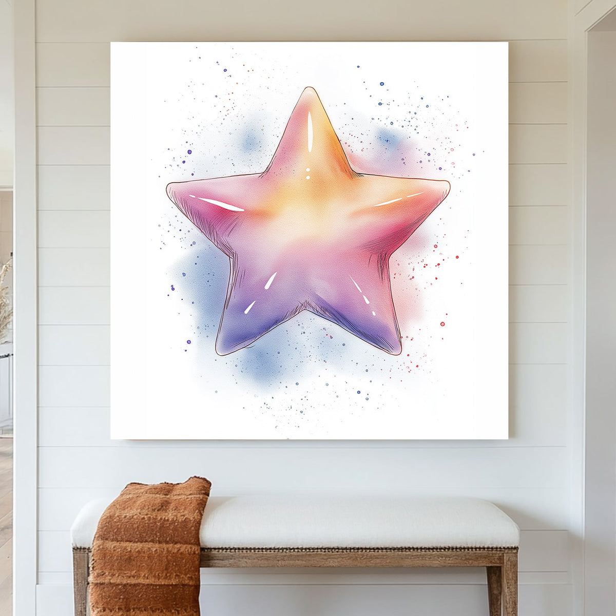 whimsical star illustration wall art in pastel rainbow tones with soft splatter accents