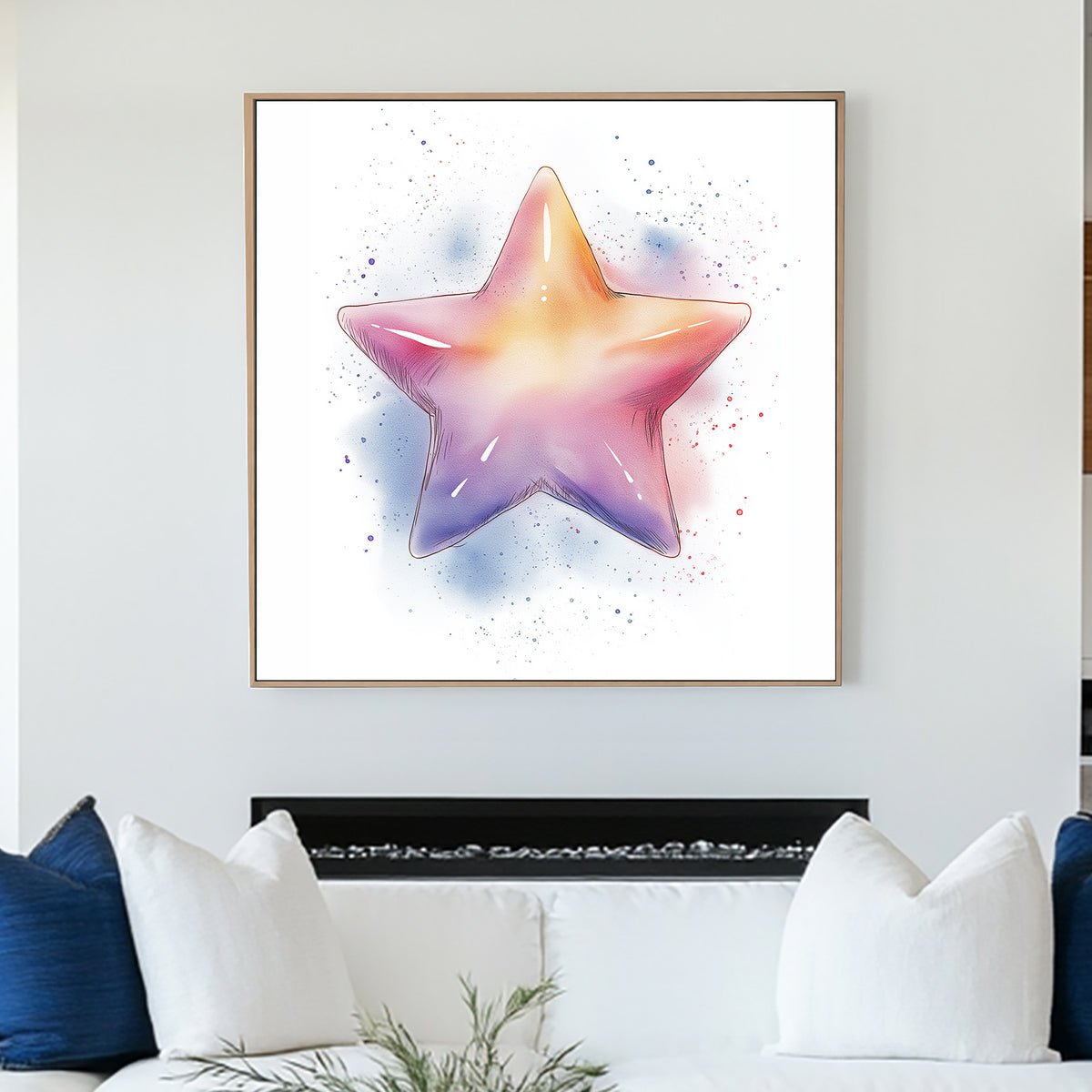 whimsical star illustration wall art in pastel rainbow tones with soft splatter accents