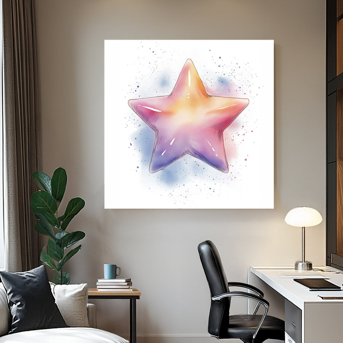 whimsical star illustration wall art in pastel rainbow tones with soft splatter accents