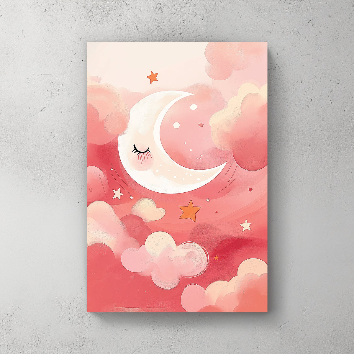 wall art sleepy crescent moon in pink pastel clouds with stars and dreamy sky