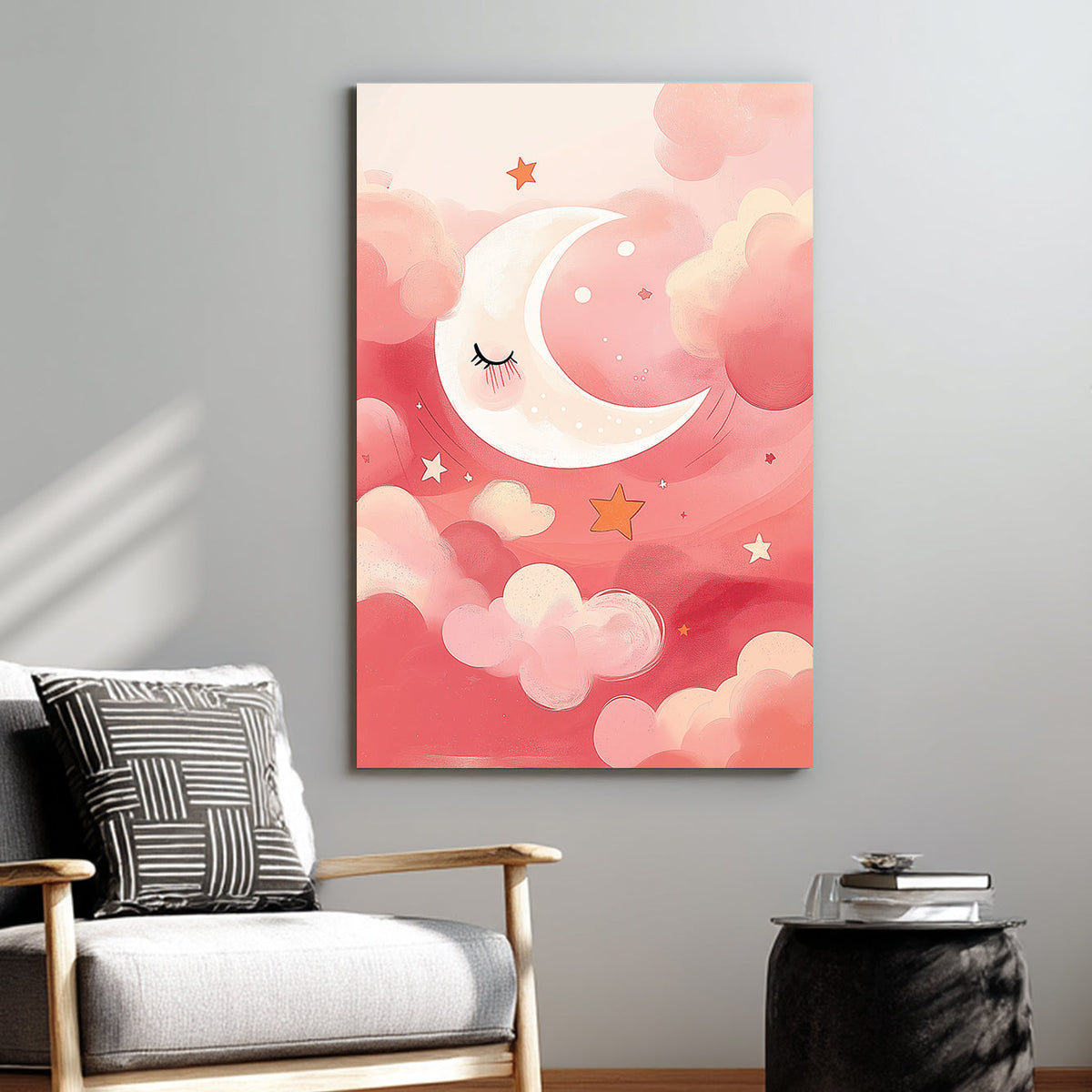 wall art sleepy crescent moon in pink pastel clouds with stars and dreamy sky
