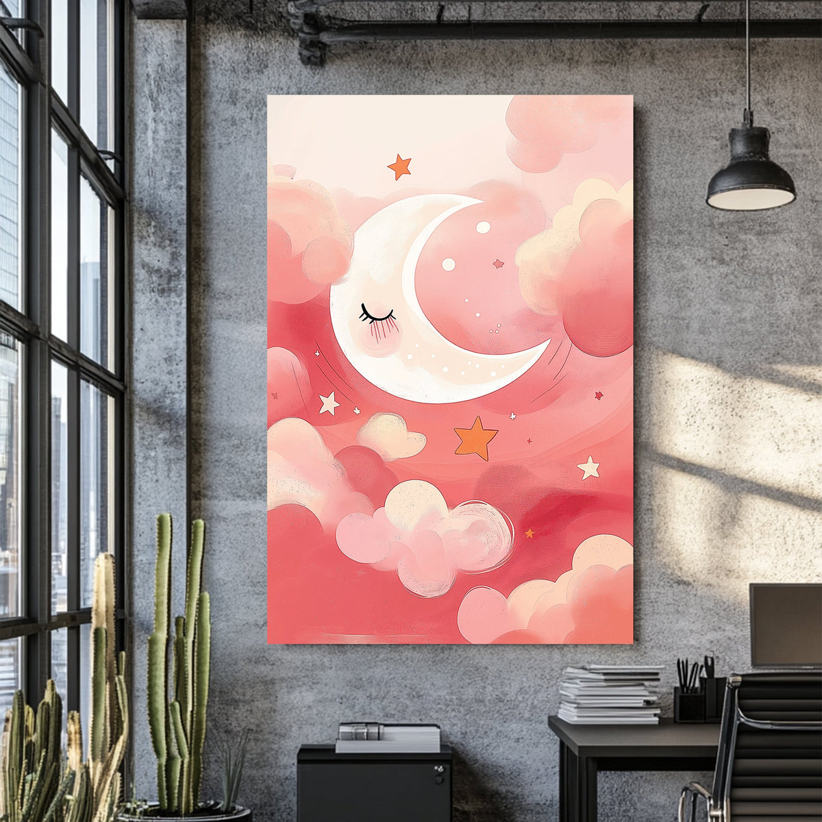 wall art sleepy crescent moon in pink pastel clouds with stars and dreamy sky