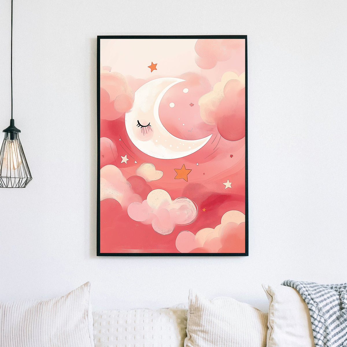 wall art sleepy crescent moon in pink pastel clouds with stars and dreamy sky