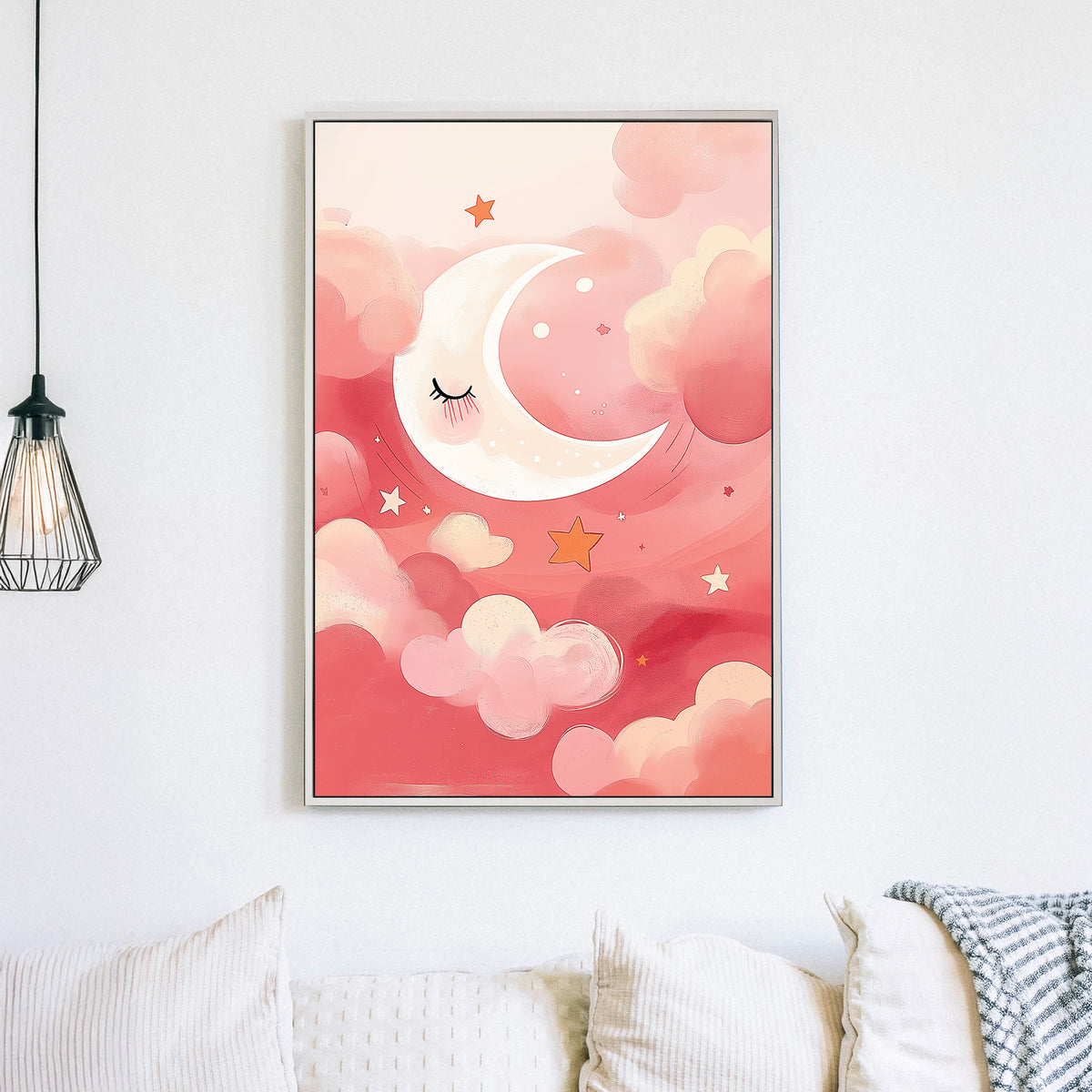 wall art sleepy crescent moon in pink pastel clouds with stars and dreamy sky