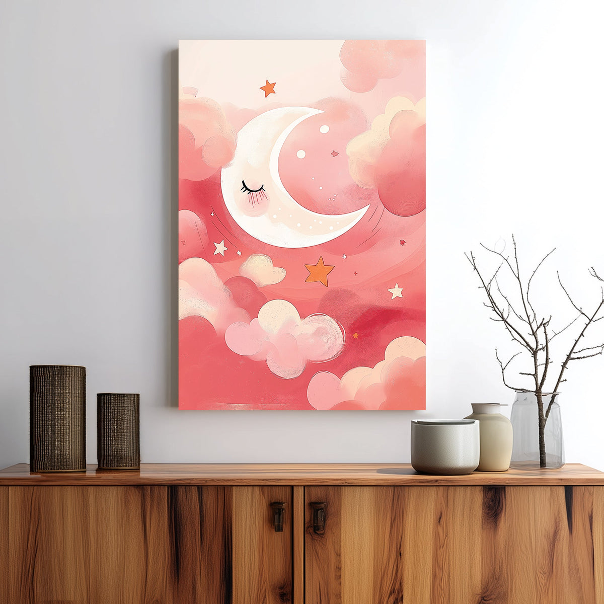 wall art sleepy crescent moon in pink pastel clouds with stars and dreamy sky