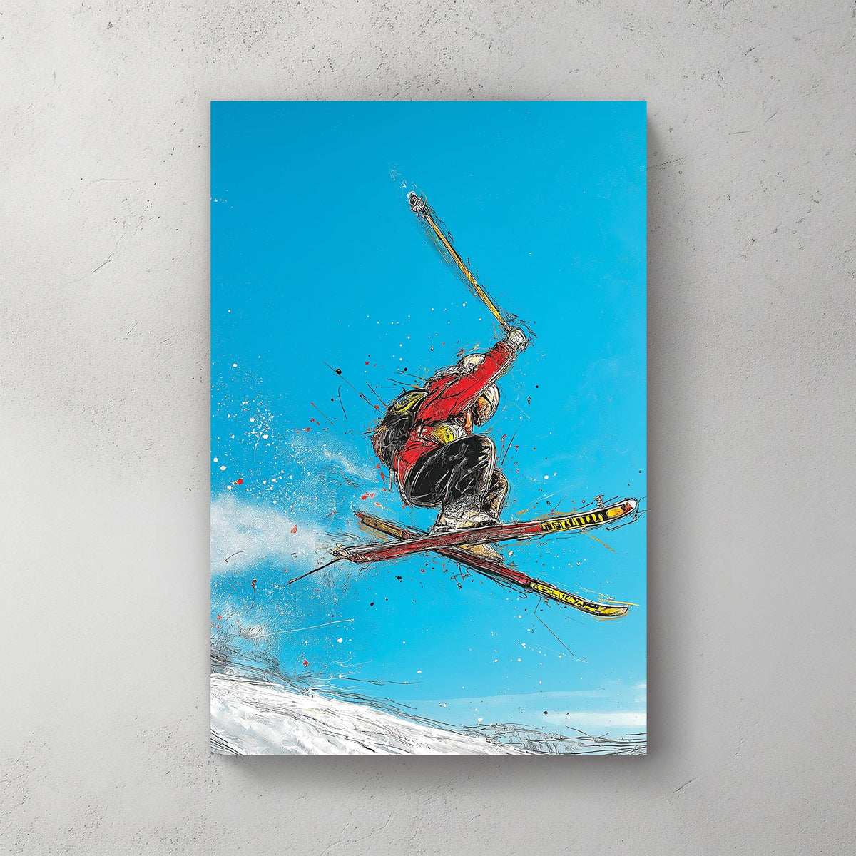 wall art of freestyle skier jumping in mid-air on snowy slope with blue sky in abstract sketch art style