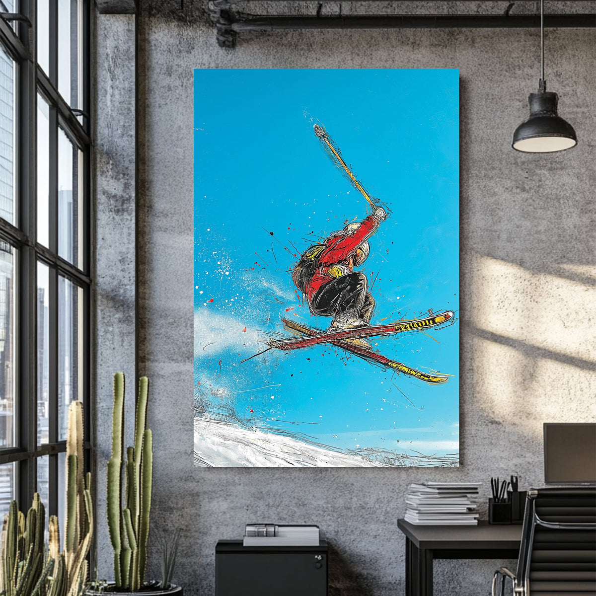 wall art of freestyle skier jumping in mid-air on snowy slope with blue sky in abstract sketch art style