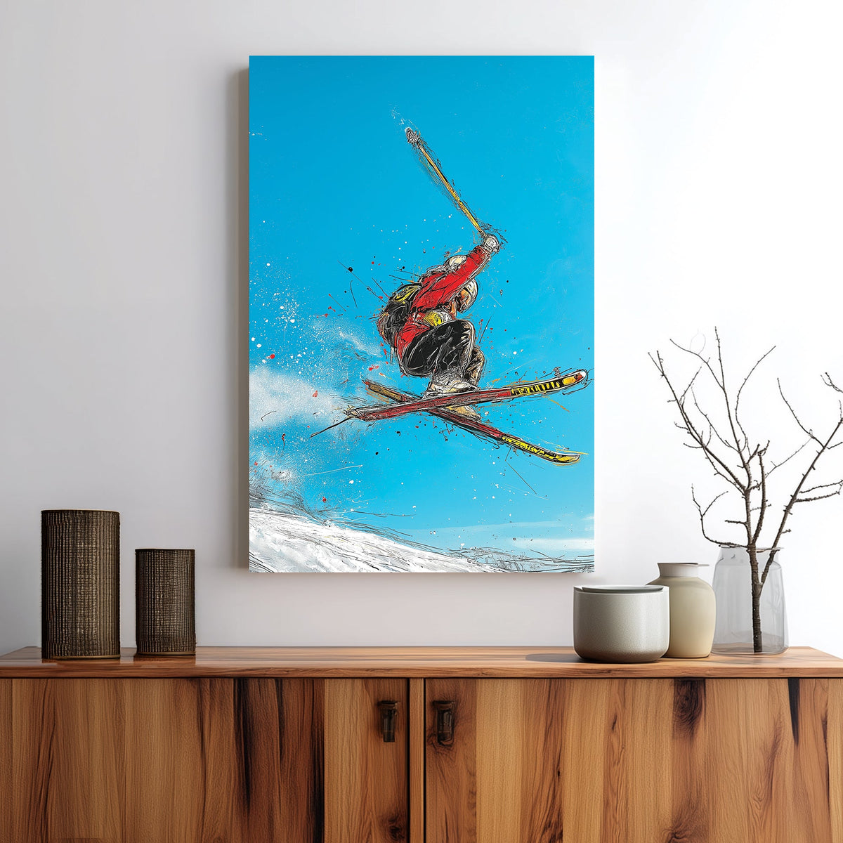 wall art of freestyle skier jumping in mid-air on snowy slope with blue sky in abstract sketch art style