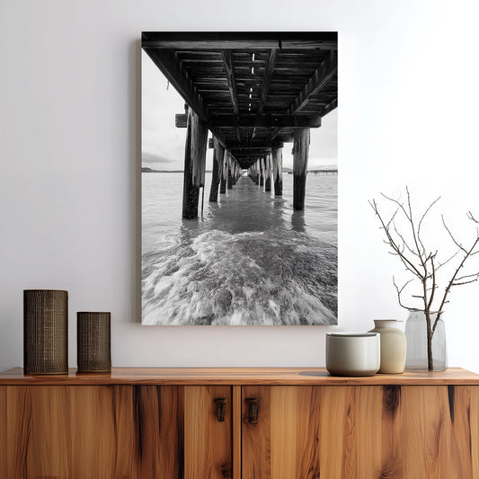 black and white wall art photography of ocean waves under wooden pier with vanishing point perspective
