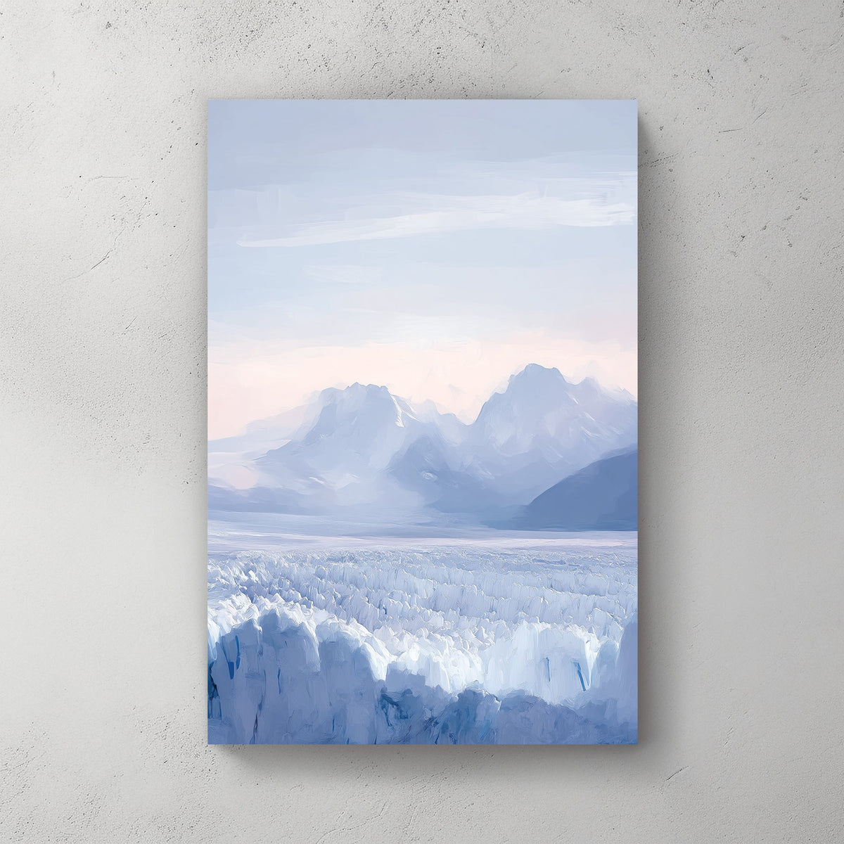 glacier and mountain landscape wall art in soft pastel blue tones
