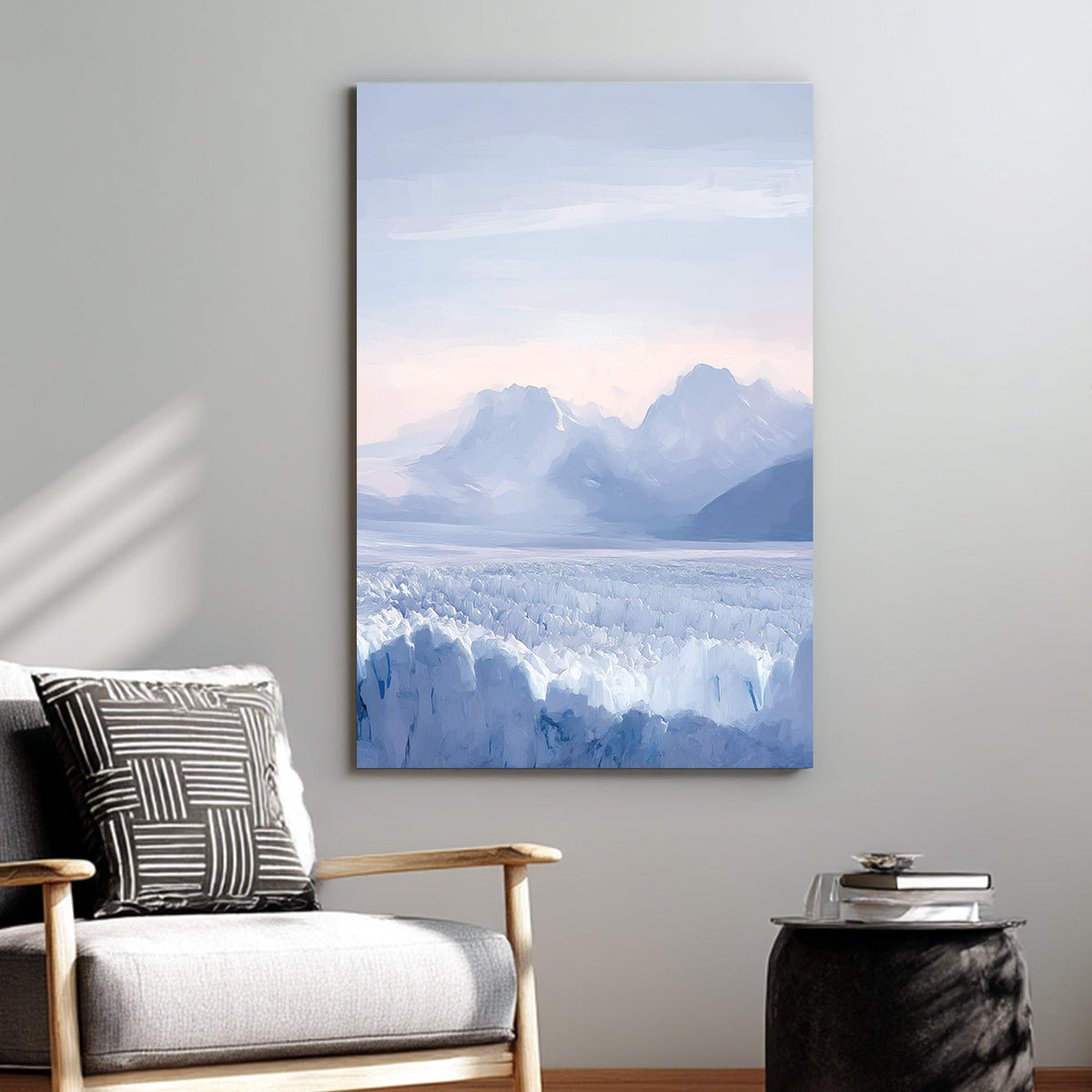 glacier and mountain landscape wall art in soft pastel blue tones