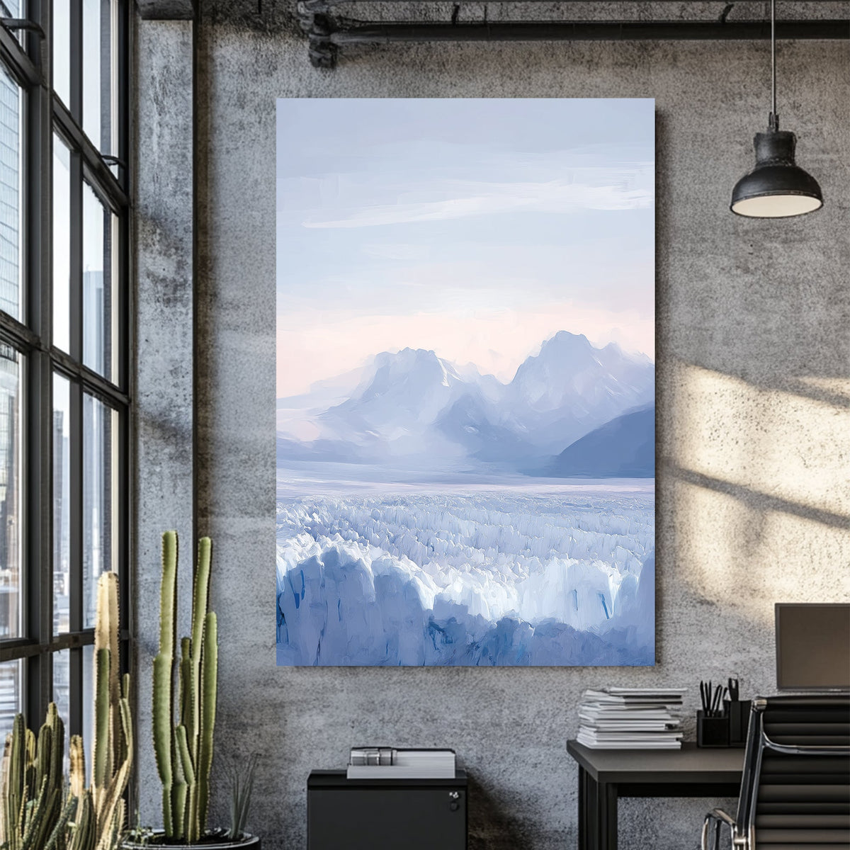 glacier and mountain landscape wall art in soft pastel blue tones