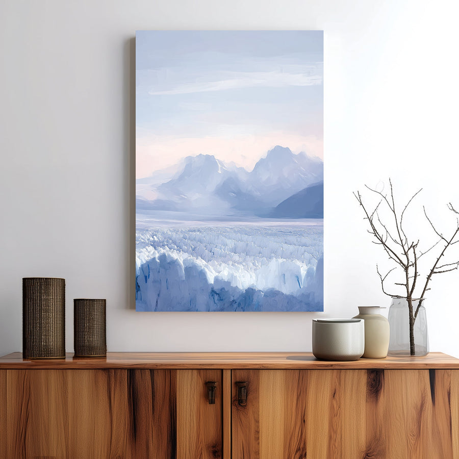 glacier and mountain landscape wall art in soft pastel blue tones