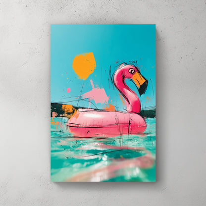 graffiti style flamingo float wall art with bright aqua and pink colours