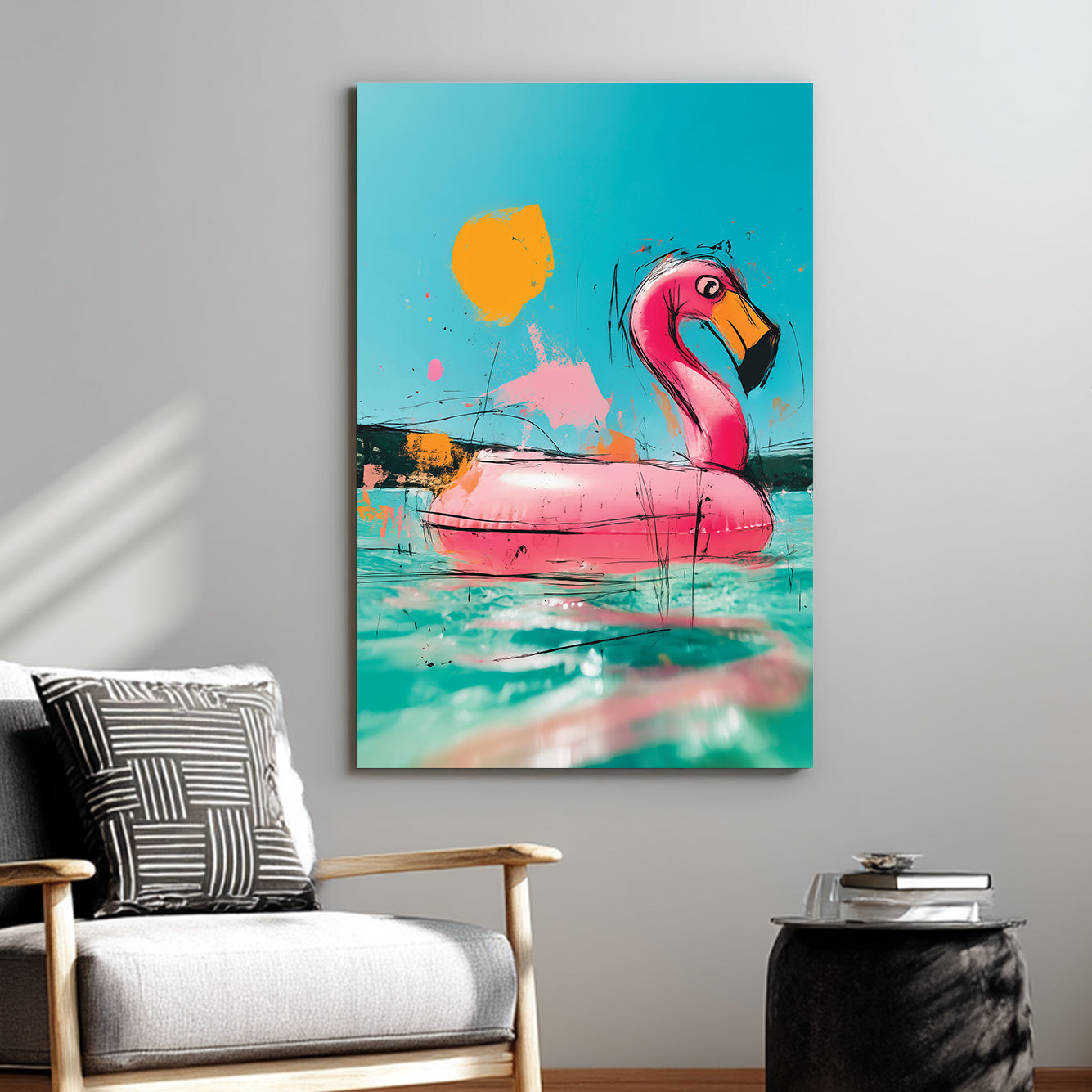 graffiti style flamingo float wall art with bright aqua and pink colours