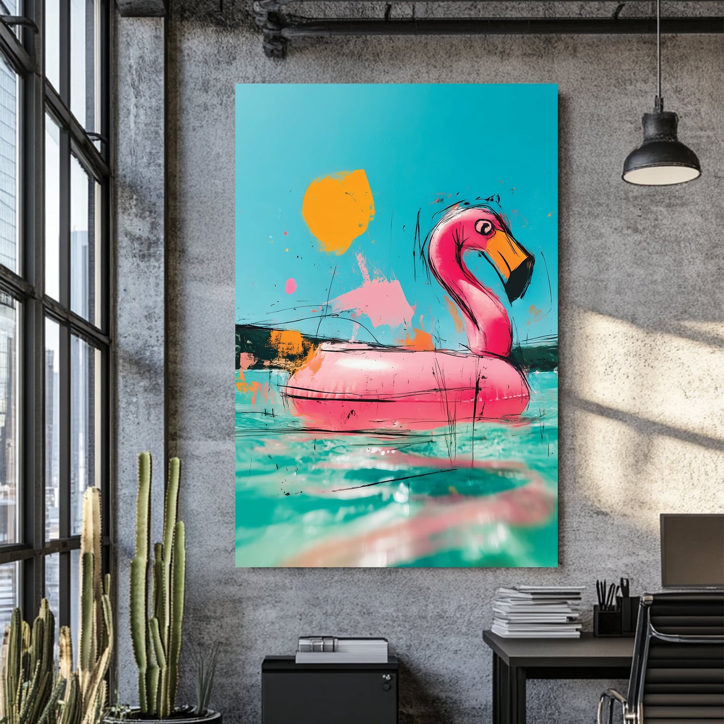 graffiti style flamingo float wall art with bright aqua and pink colours