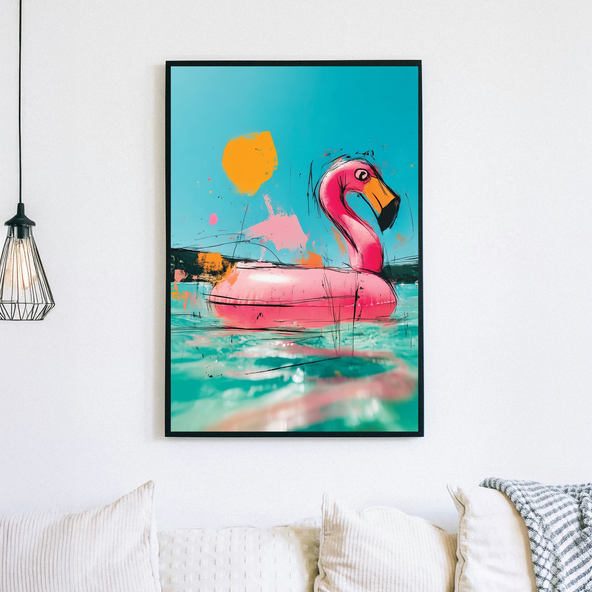 graffiti style flamingo float wall art with bright aqua and pink colours