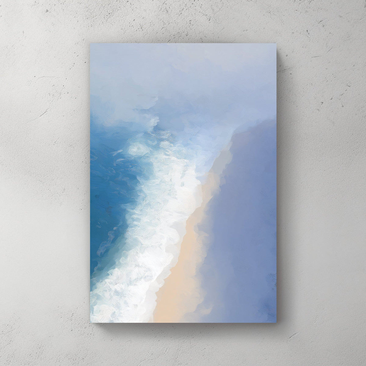 soft ocean shoreline wall art in blue and beige tones with textured brush effect
