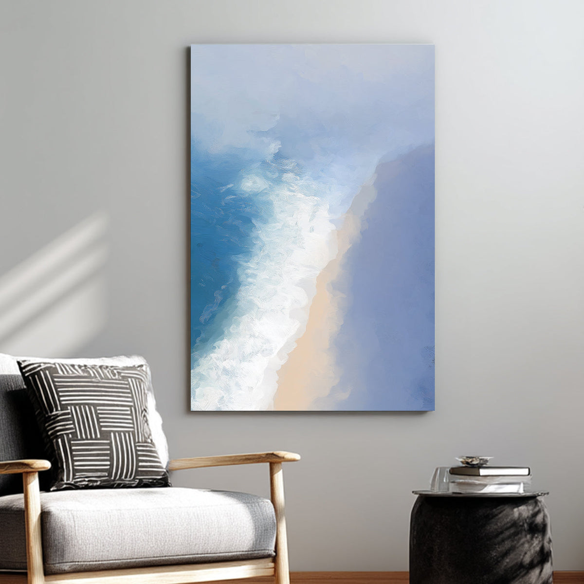 soft ocean shoreline wall art in blue and beige tones with textured brush effect
