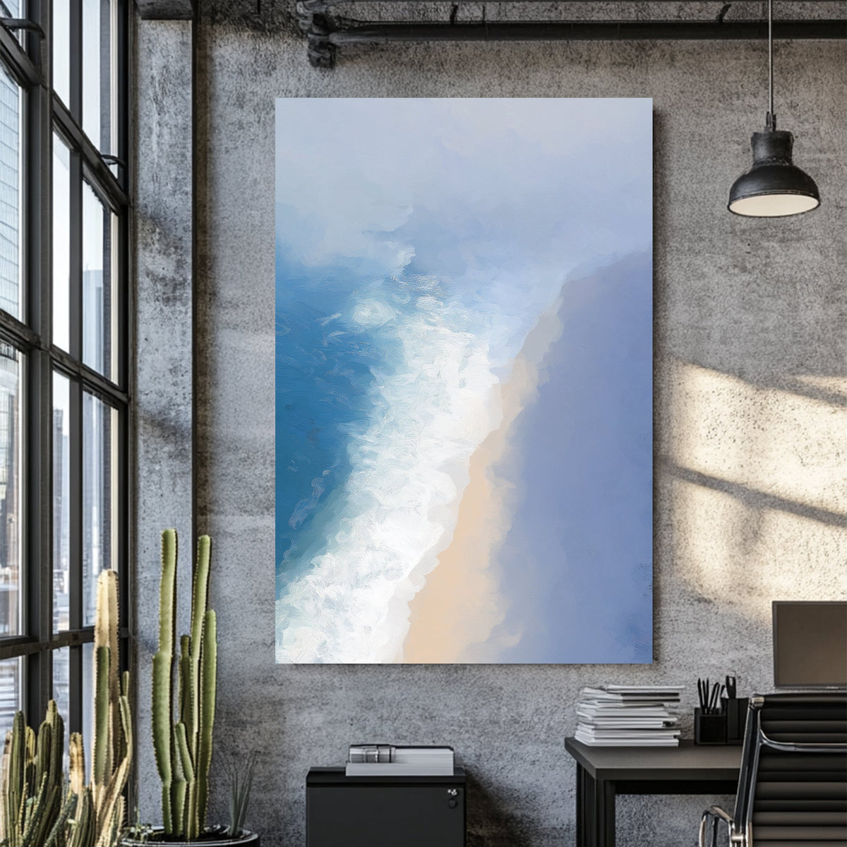soft ocean shoreline wall art in blue and beige tones with textured brush effect