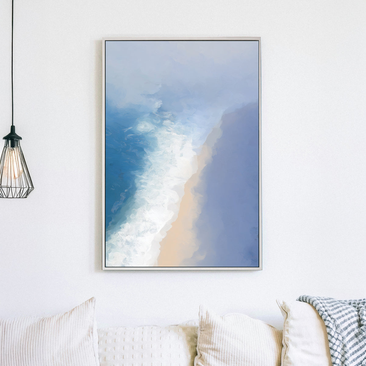 soft ocean shoreline wall art in blue and beige tones with textured brush effect