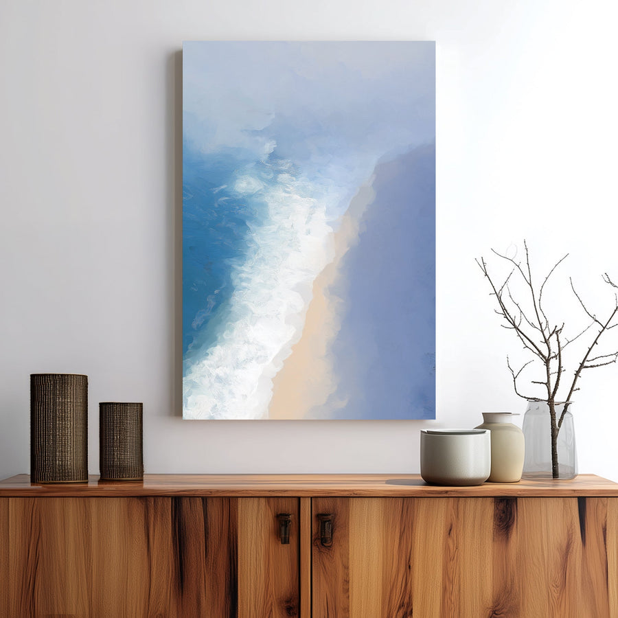 soft ocean shoreline wall art in blue and beige tones with textured brush effect