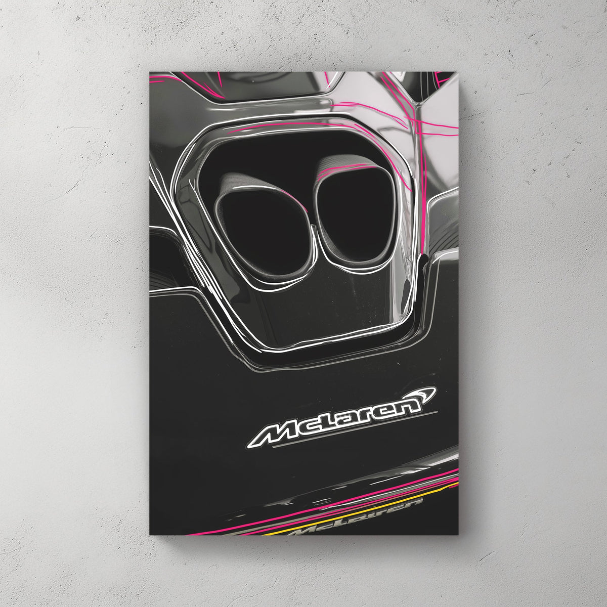 McLaren exhaust detail wall art with sleek black finish and neon accent lines