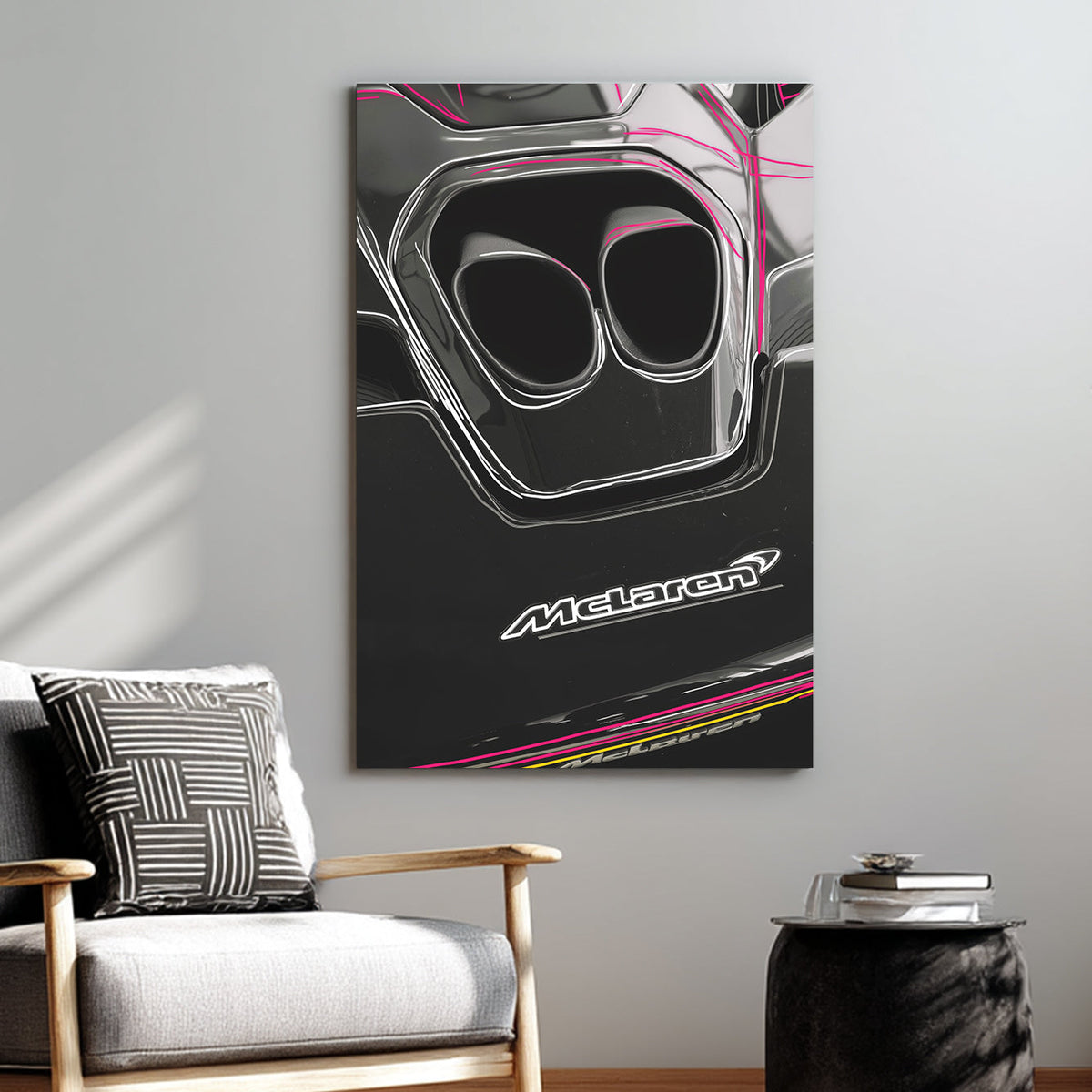 McLaren exhaust detail wall art with sleek black finish and neon accent lines