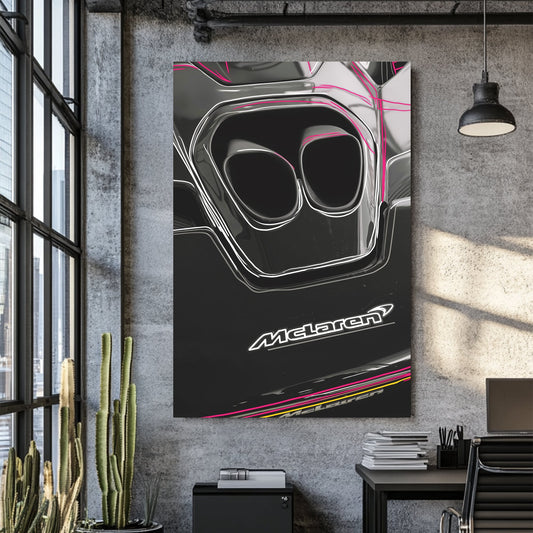 McLaren exhaust detail wall art with sleek black finish and neon accent lines