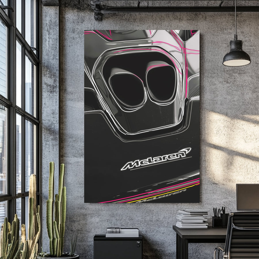 McLaren exhaust detail wall art with sleek black finish and neon accent lines