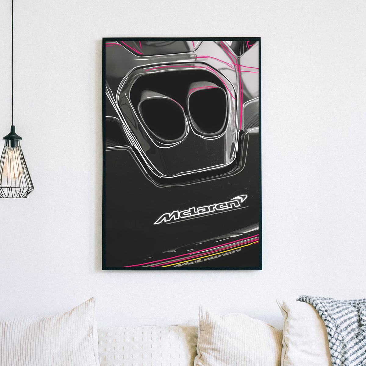 McLaren exhaust detail wall art with sleek black finish and neon accent lines