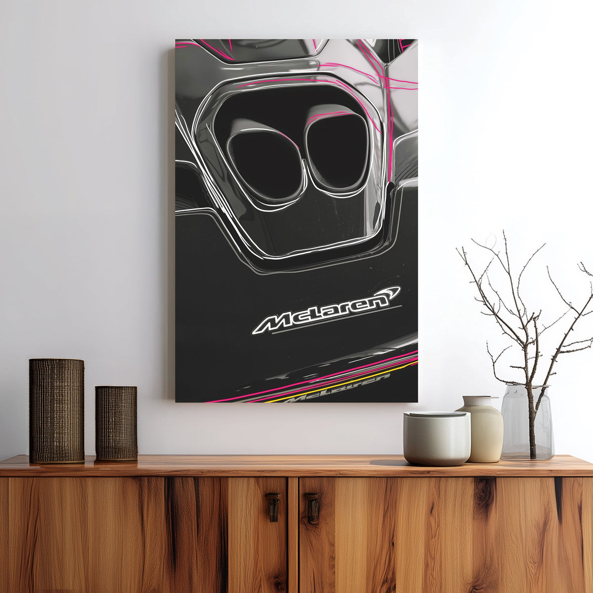 McLaren exhaust detail wall art with sleek black finish and neon accent lines