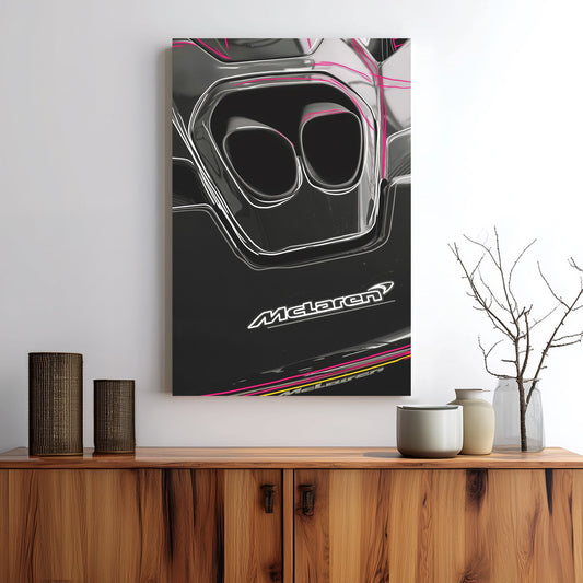 McLaren exhaust detail wall art with sleek black finish and neon accent lines