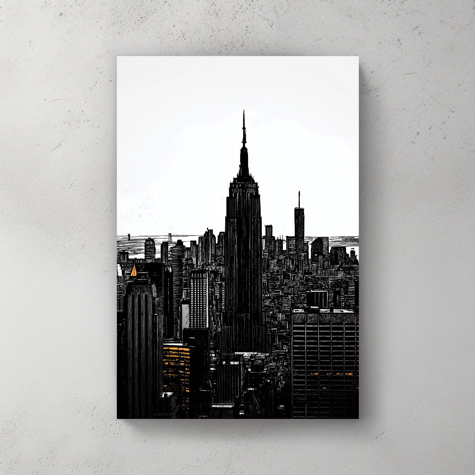 Empire State Building black and white wall art with amber window lights