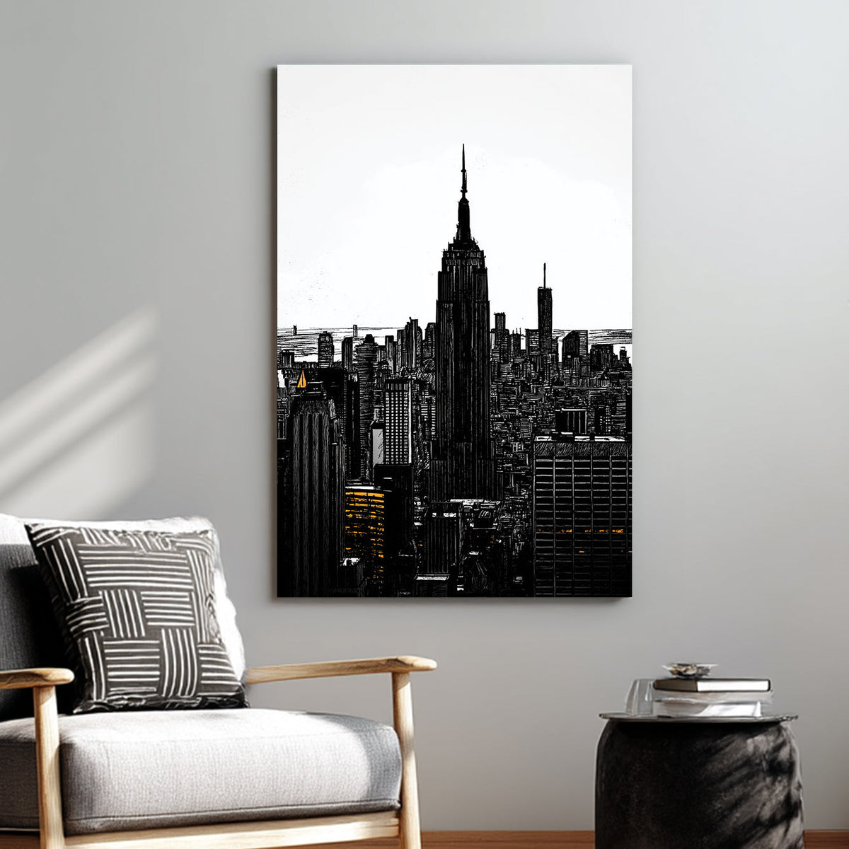 Empire State Building black and white wall art with amber window lights