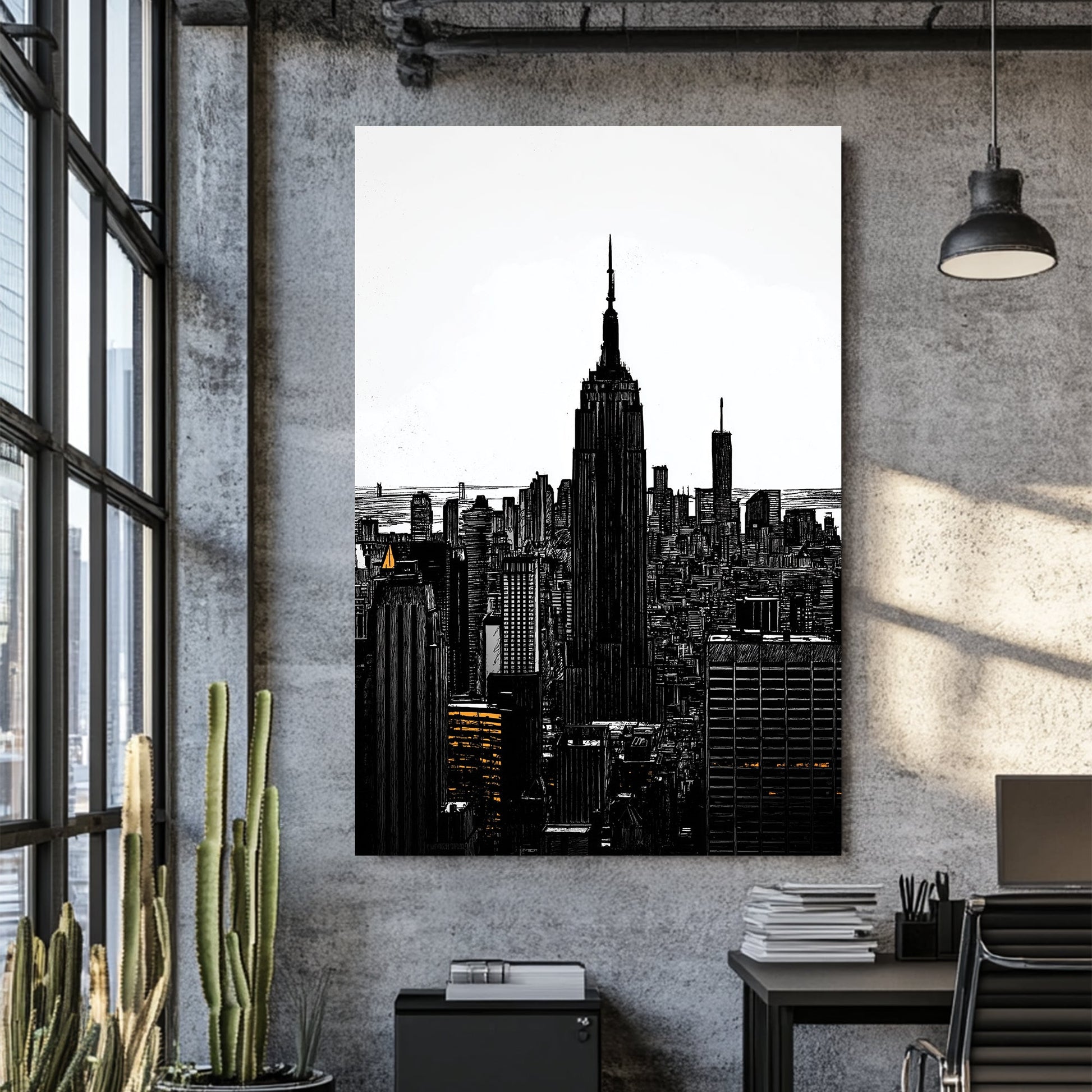 Empire State Building black and white wall art with amber window lights