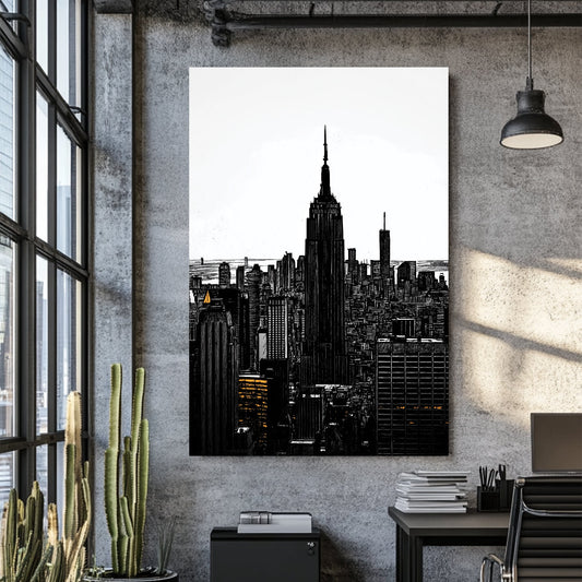 Empire State Building black and white wall art with amber window lights