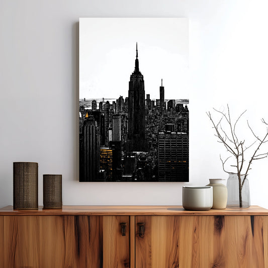 Empire State Building black and white wall art with amber window lights