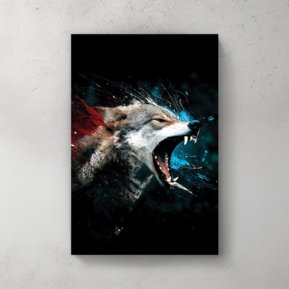 fierce wolf wall art with red and blue abstract paint splashes
