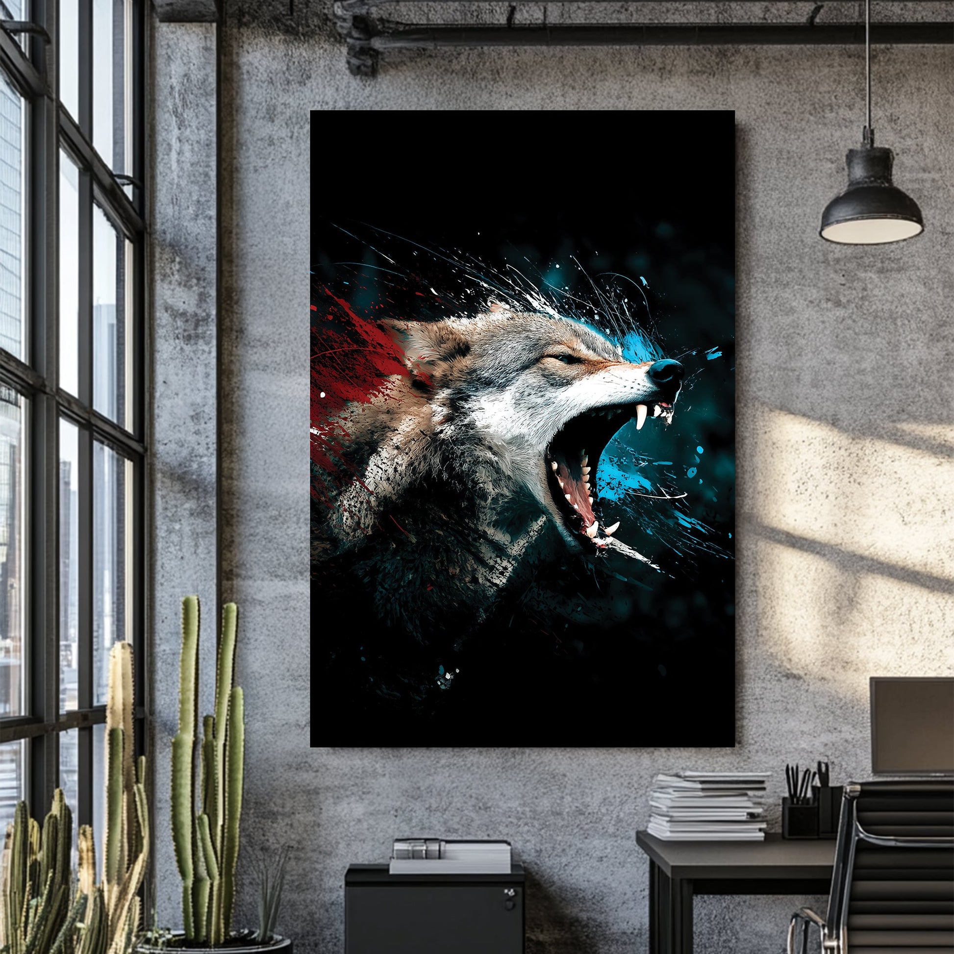 fierce wolf wall art with red and blue abstract paint splashes