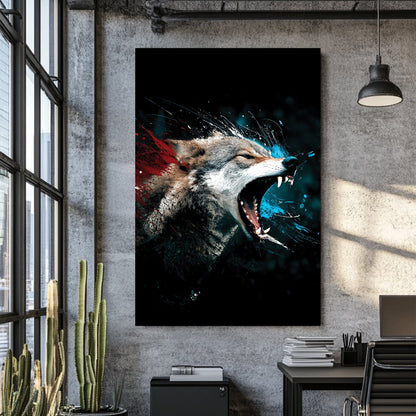 fierce wolf wall art with red and blue abstract paint splashes