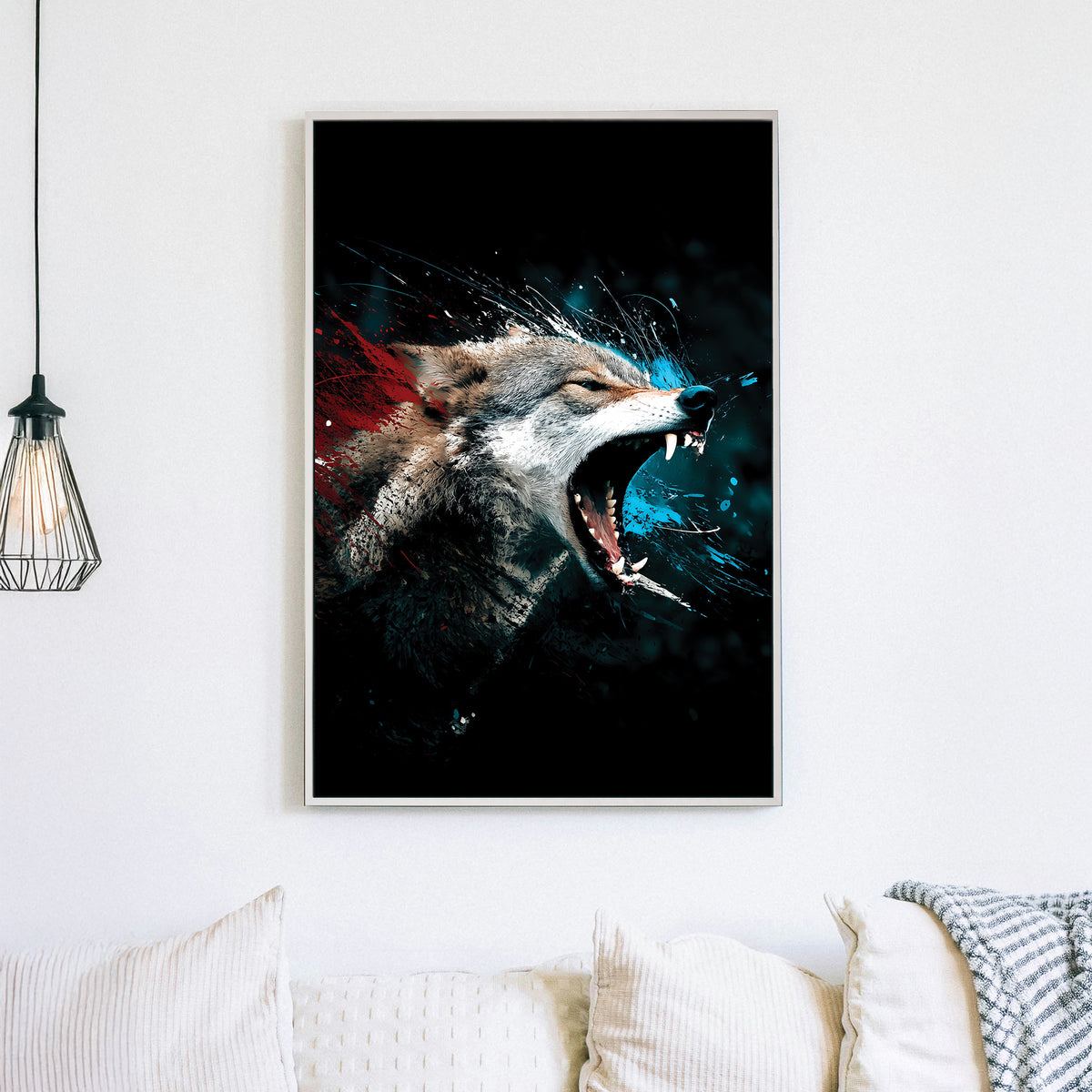 fierce wolf wall art with red and blue abstract paint splashes