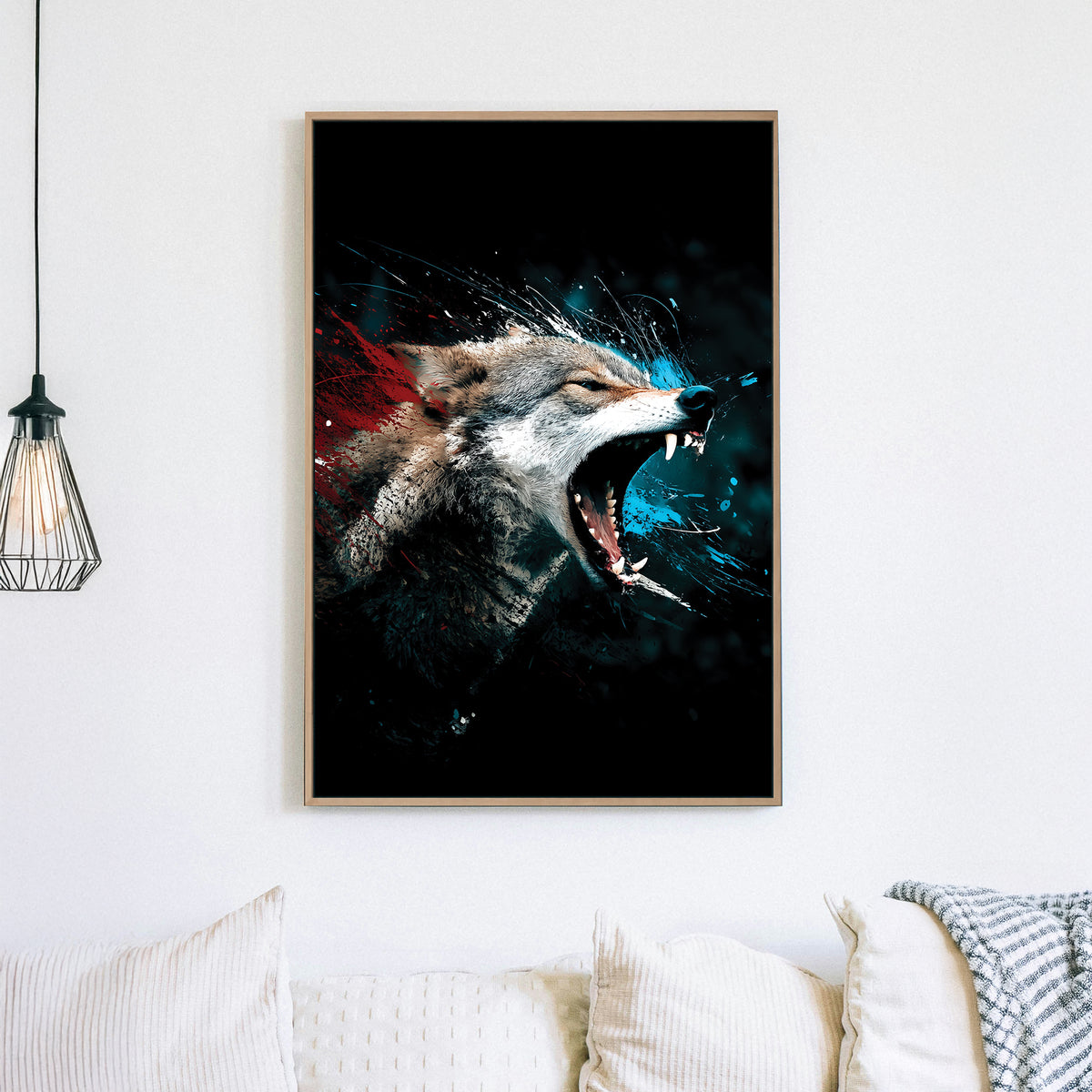 fierce wolf wall art with red and blue abstract paint splashes