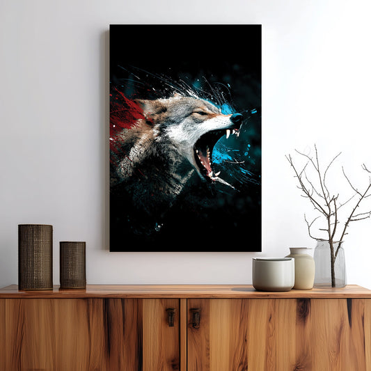 fierce wolf wall art with red and blue abstract paint splashes