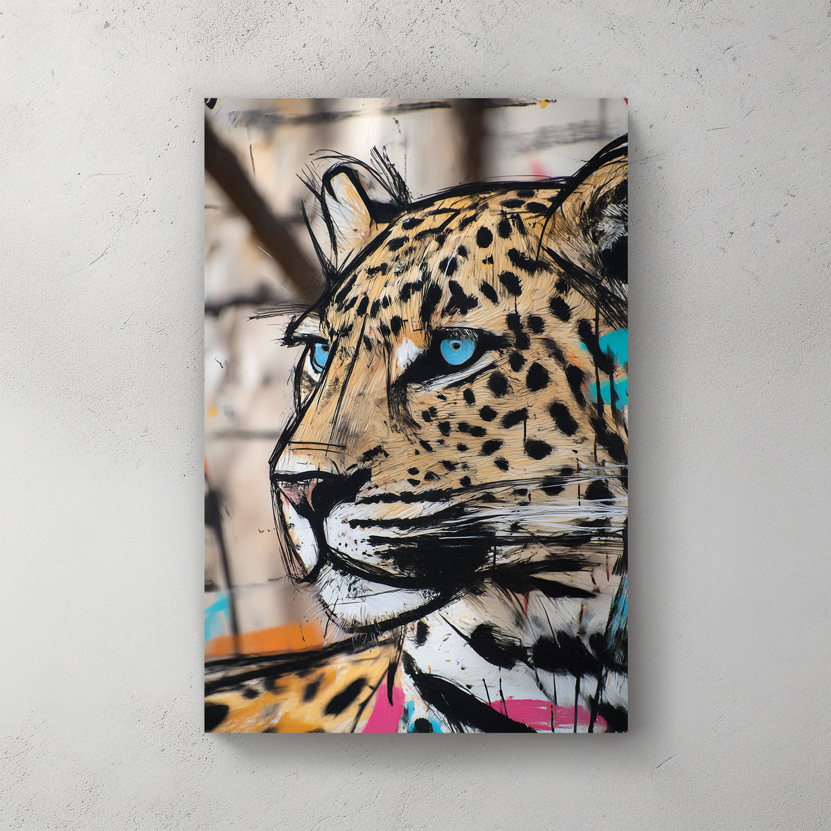 graffiti-style leopard wall art with bold colours and blue eyes