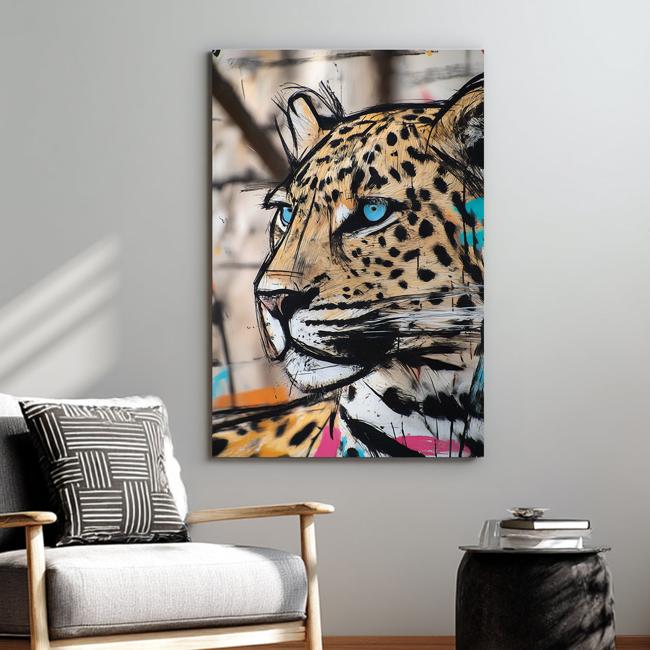 graffiti-style leopard wall art with bold colours and blue eyes