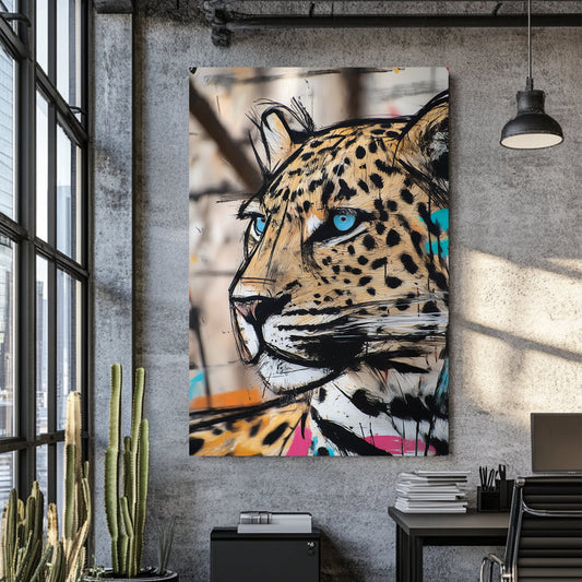 graffiti-style leopard wall art with bold colours and blue eyes
