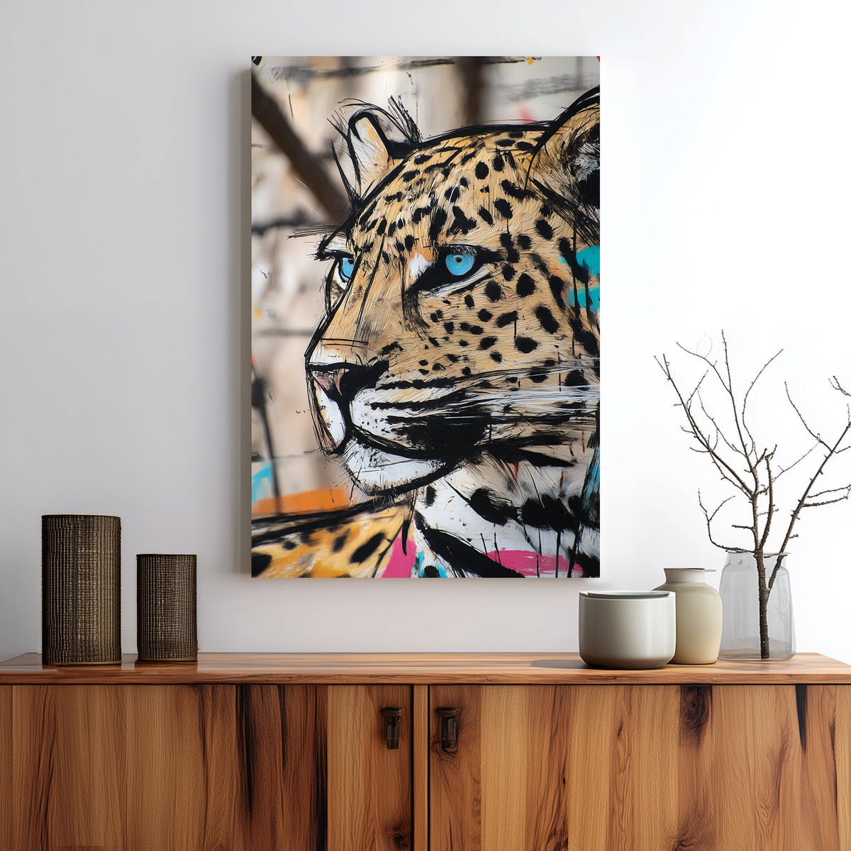 graffiti-style leopard wall art with bold colours and blue eyes